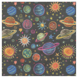 Tecido Planetas Crayon e sol em padrão espacial