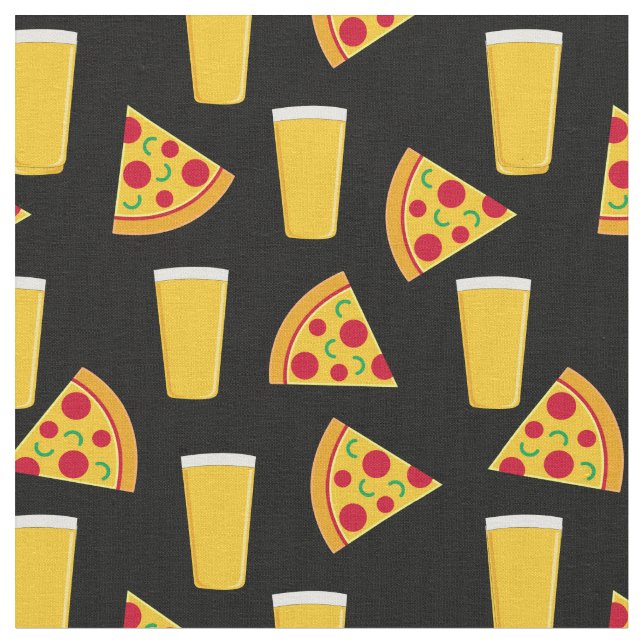 Tecido Preto com Padrão de Cervejas e Pizza (Detalhe)