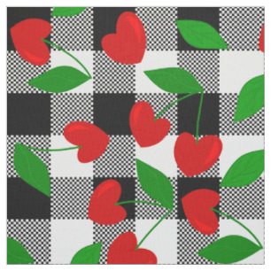Tecido preto gingham forma de coração rockabilly cereja