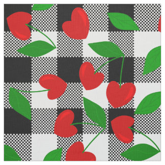 Tecido preto gingham forma de coração rockabilly cereja