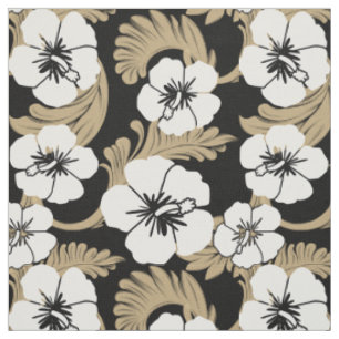 Tecido Preto Khaki floral do hibiscus havaiano tropical
