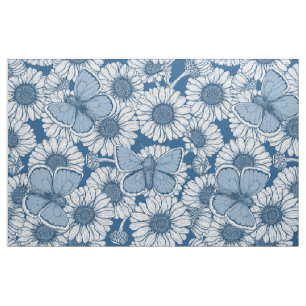 Tecido Primavera azul, flores silvestres, margaridas