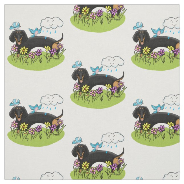 Tecido Primavera Dachshund (preto e bronzeado) (Modelo)