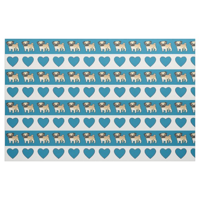 Tecido Pugs e corações - azul (Fat Quarter)