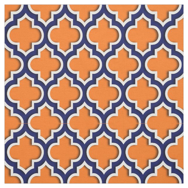 Tecido Pumpkin Laranja, Marinho Azul Quatrefoil Marroquin (Modelo)