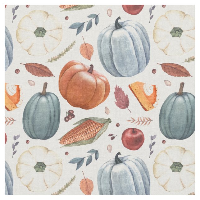 Tecido Pumpkins de queda e padrão de folhas de outono (Detalhe)