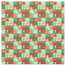 Tecido Quadrados de Natal Papai Noel Elfos Rena & Mais