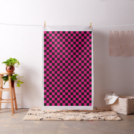 Tecido Quadrados xadrez rosa quente preto geométrico retr
