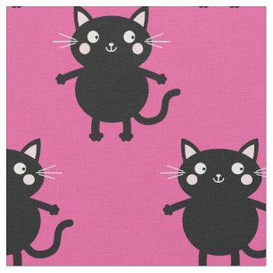 Tecido Quarto de animação de cor rosa, gatos pretos e b