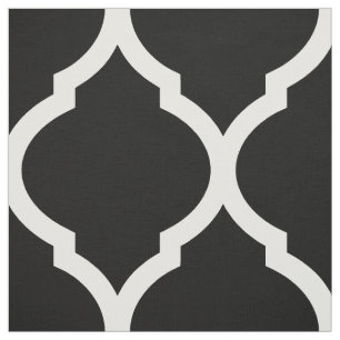 Tecido Quatrefoil marroquino preto e branco em grande esc