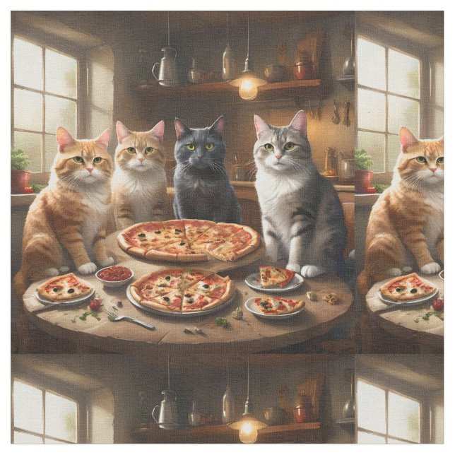 Tecido Quatro Gatos Com Pizza Para Janto, (Detalhe)
