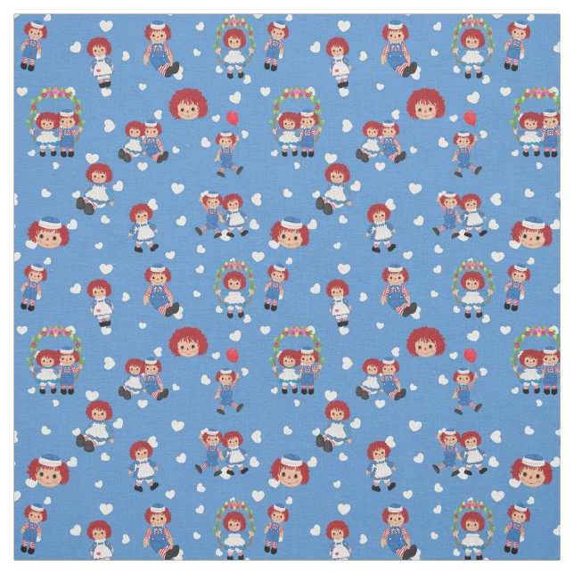 Tecido Raggedy Ann e Andy em Corações Caindo em Azul (Modelo)