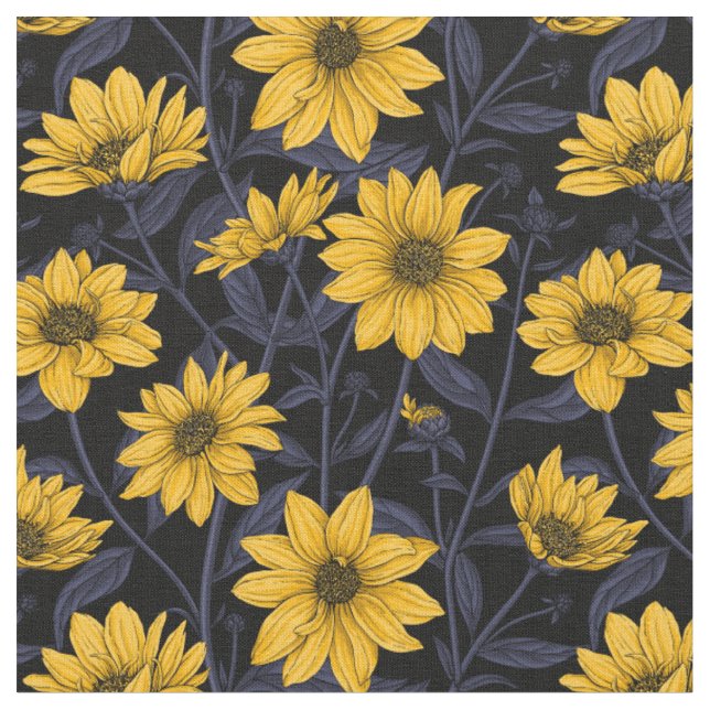 Tecido Raízes solares, girassol selvagem, amarelo e azul (Detalhe)