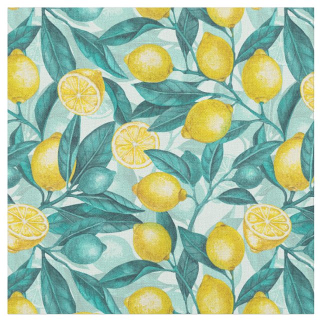 Tecido Ramais de limão em azul e amarelo (Detalhe)