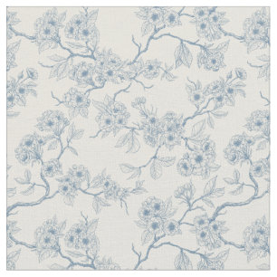 Tecido Ramos de flor de cerejeira em azul e branco esmaec