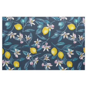 Tecido Ramos de limão com flores e fruta em azul