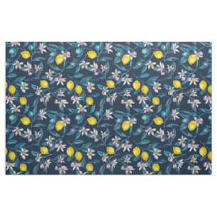 Tecido Ramos de limão com flores e fruta em azul