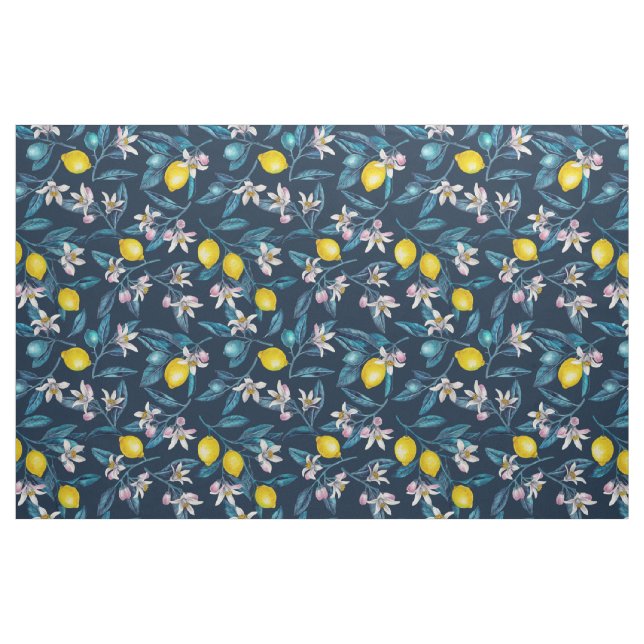 Tecido Ramos de limão com flores e fruta em azul (Fat Quarter)