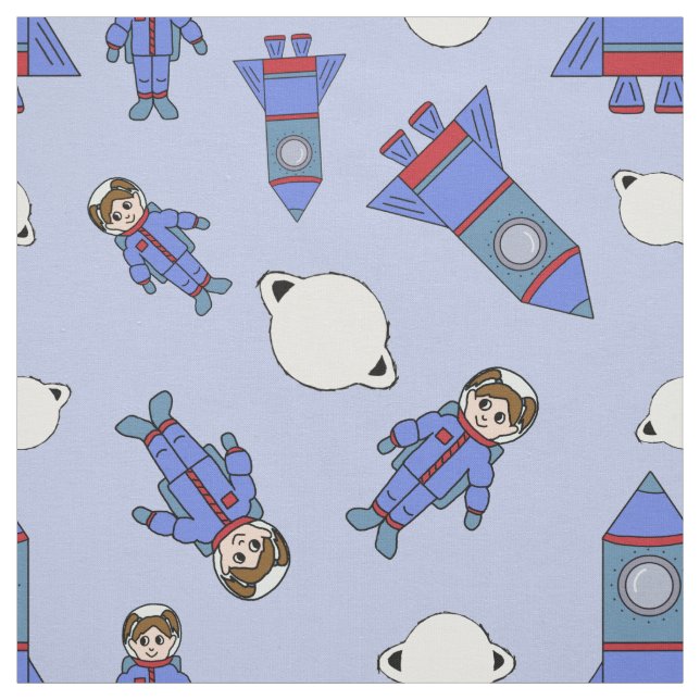 Tecido Rapariga astronauta no espaço azul e vermelho (Modelo)