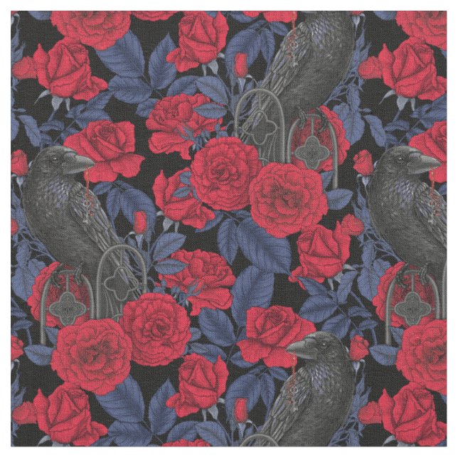 Tecido Ravens e rosas com folhas azuis escuras (Detalhe)