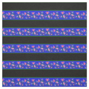 Tecido Real azul/preto, faixa verde de pinos, floral folk