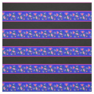 Tecido Real azul/preto, pinos cor-de-rosa, folk floral
