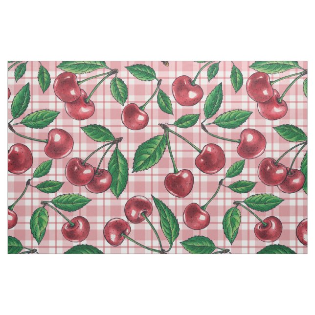 Tecido Red cherries on pink gingham (Fat Quarter)