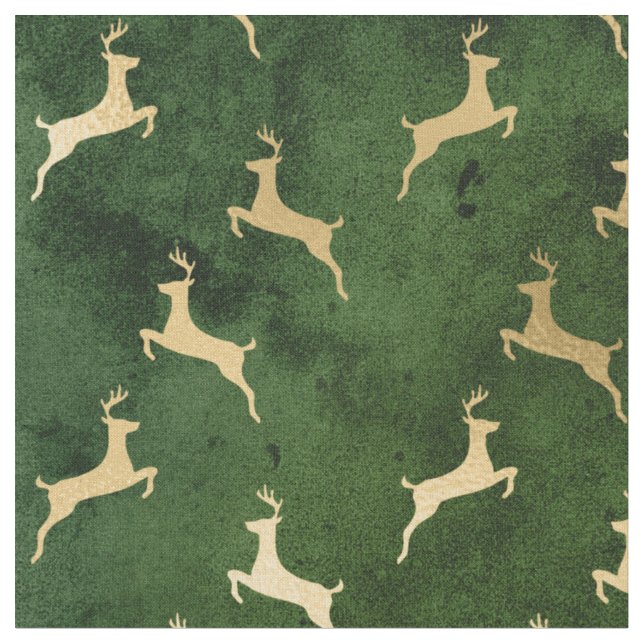 Tecido Reindeer de Natal Dourado em Verde (Detalhe)