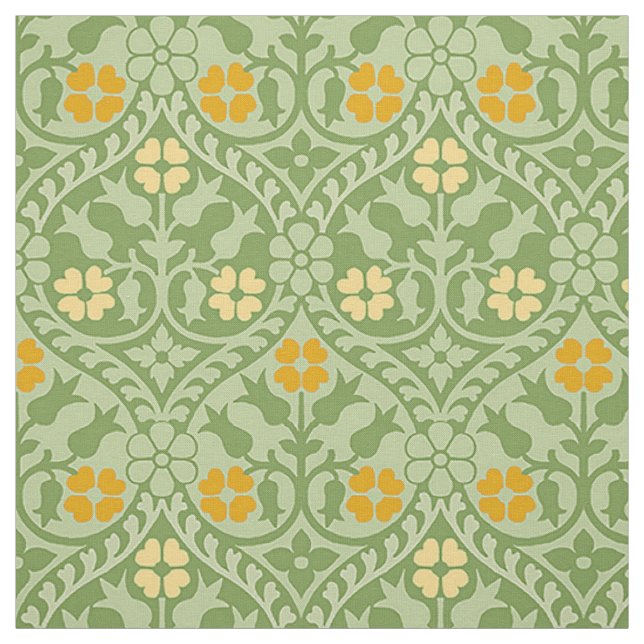 Tecido Revival Gótico Floral, Verde e Goldenrod (Modelo)