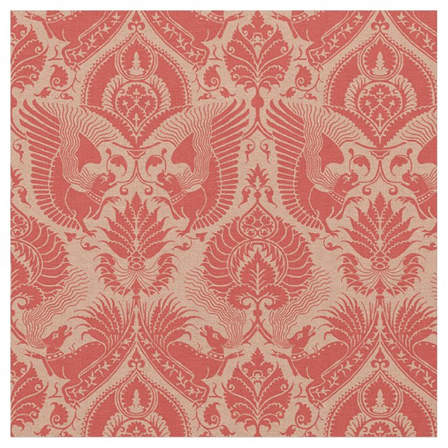Tecido Rico Damasco com Animais, Coral Vermelho (Detalhe)
