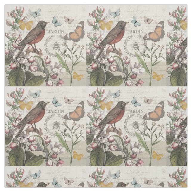 Tecido Robin Elegant Bird Butterfly Arte Francesa (Modelo)