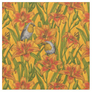 Tecido Robins e flores, cor de laranja e verde
