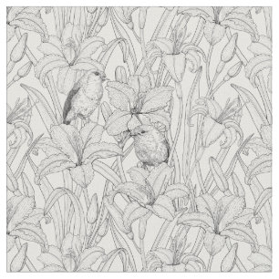 Tecido Robins e flores, preto e branco