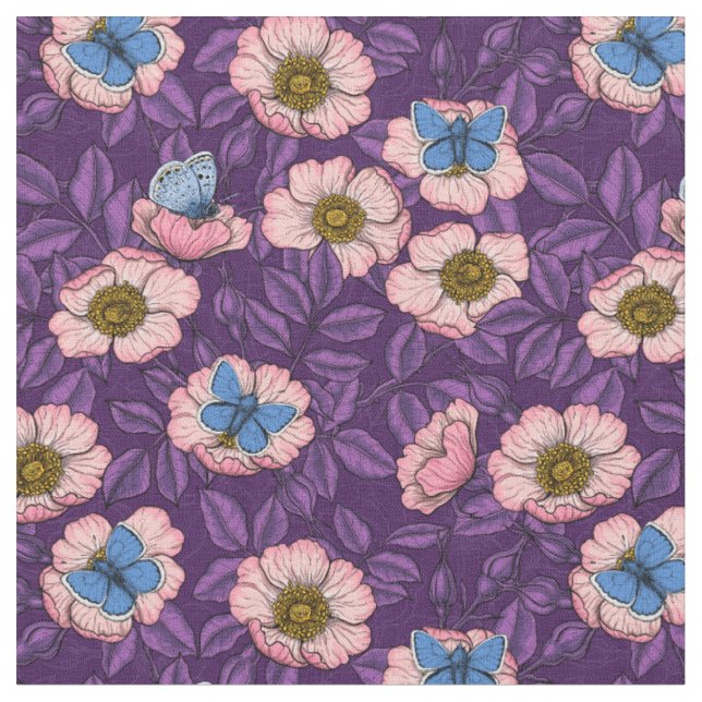 Tecido Rosa de cão e borboletas em rosa e roxo (Detalhe)