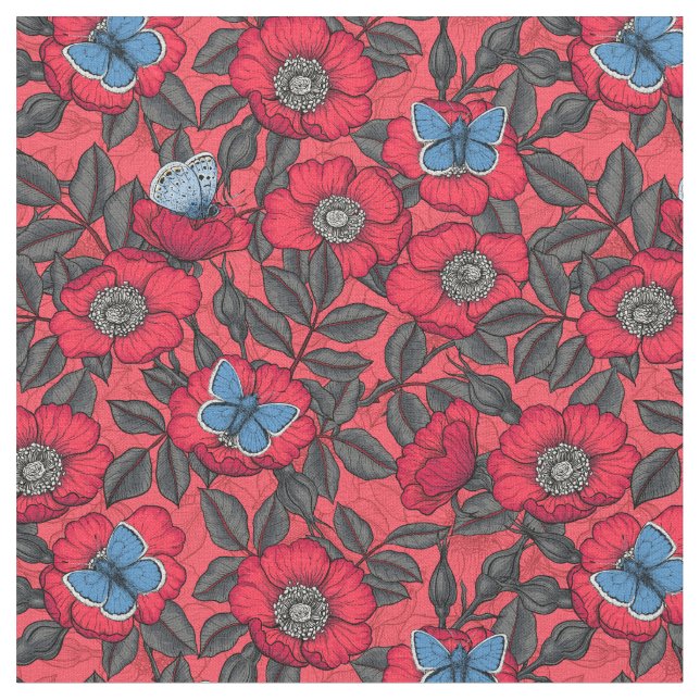 Tecido Rosa de cão e borboletas em vermelho e azul (Detalhe)