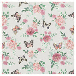 Tecido rosa de flores e borboletas