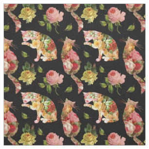 Tecido Rosa Gatinhos Vintage Floral