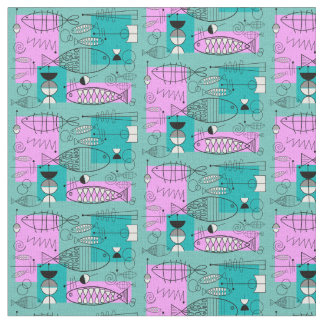 Tecido Rosa lunático moderno e azul dos peixes do meio