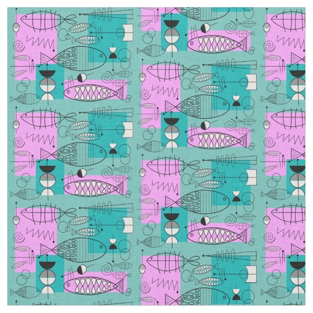 Tecido Rosa lunático moderno e azul dos peixes do meio (Detalhe)