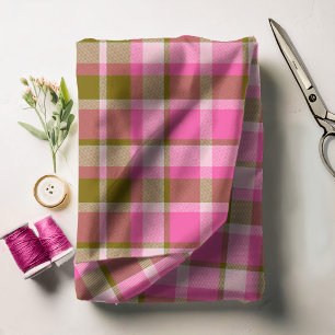 Tecido Rosa quente do teste padrão do Tartan e azeitona