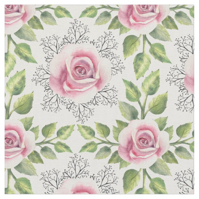 Tecido Rosa Rosa Folhas Verdes Floral (Detalhe)
