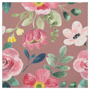 Tecido Rosa Vermelho Floral Aguarela Folhas Verdes Rosa E