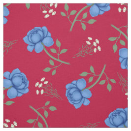 Tecido Rosas azuis no Calico vermelho sobredimensionado
