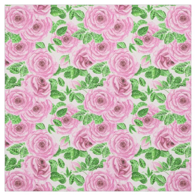 Tecido Rosas de aquarelas cor-de-rosa com folhas e padrõe (Modelo)
