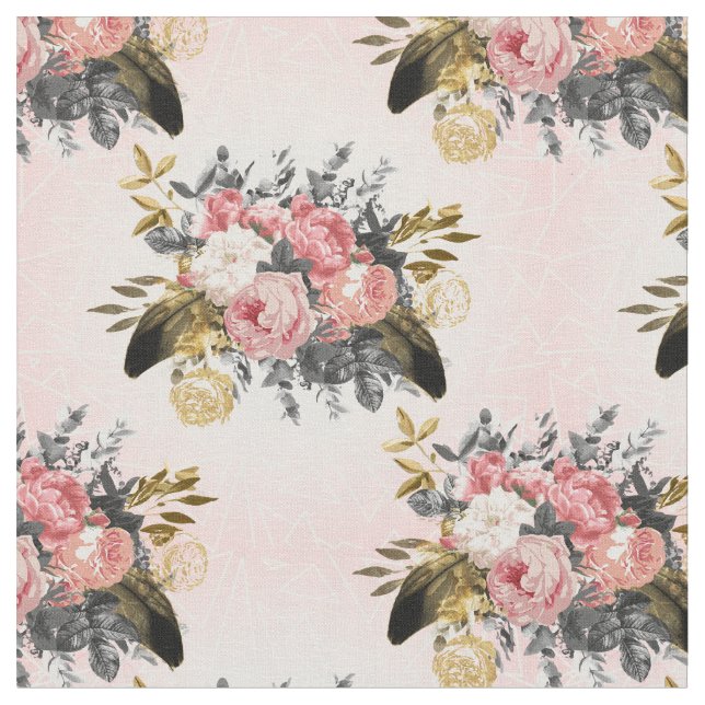 Tecido Rosas de colheita romântica e design geométrica (Detalhe)