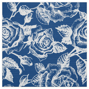 Tecido Rosas de Vintagem Branca Padrão Azul Fundo Azul Pe