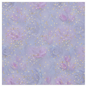 Tecido Rosas e Tulipas azuis violetas com Confetti Dourad