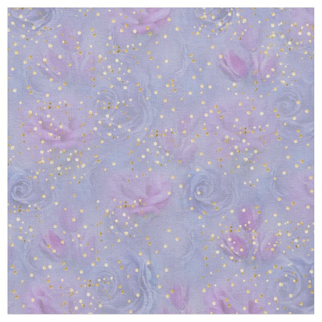 Tecido Rosas e Tulipas azuis violetas com Confetti Dourad (Detalhe)