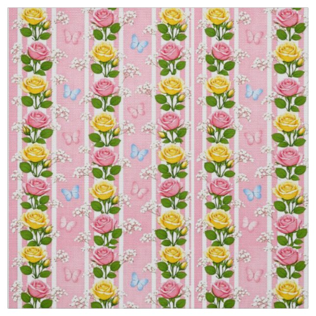 Tecido Rosas Florais Rosa e Amarelo Listra (Modelo)