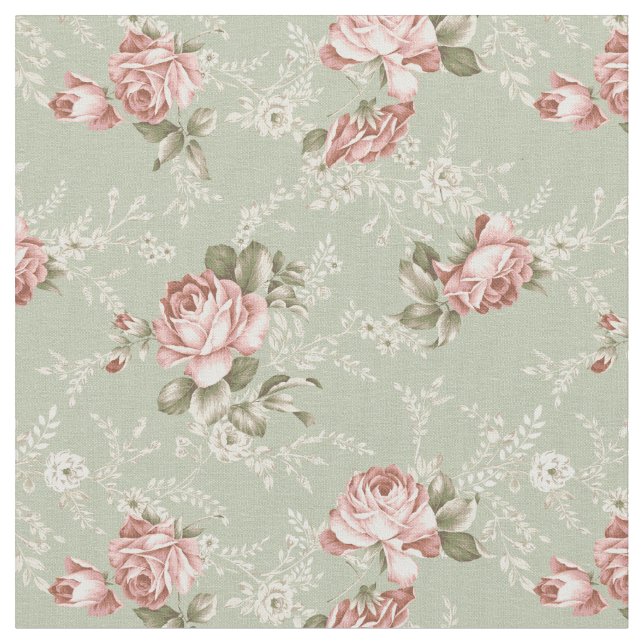 Tecido Rosas Românticas de Blush Girly - Fundo Verde (Detalhe)